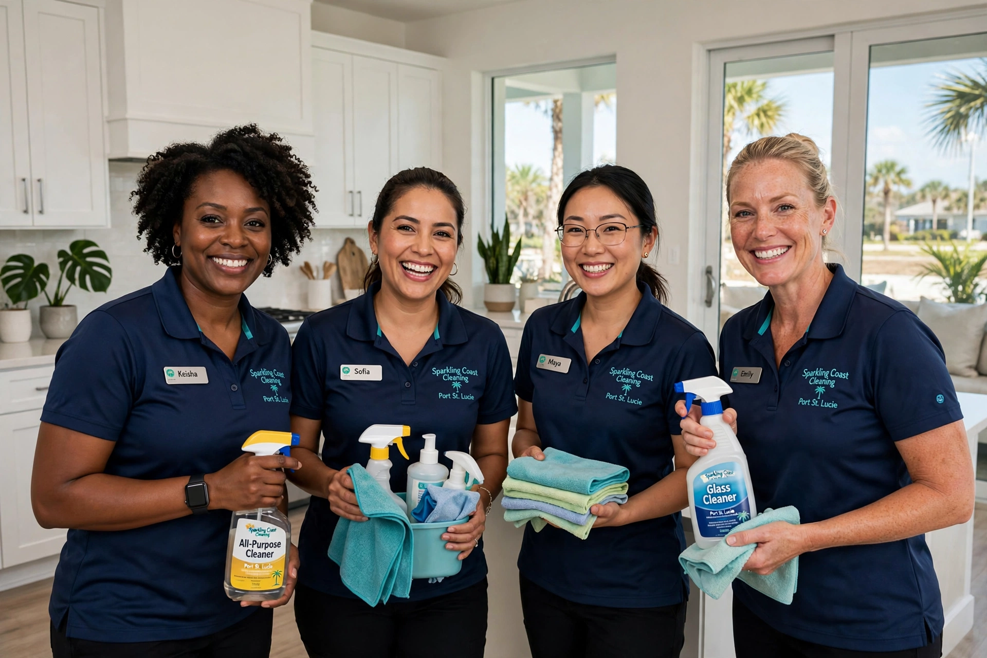 His and Hers crew — four person team in navy shirts